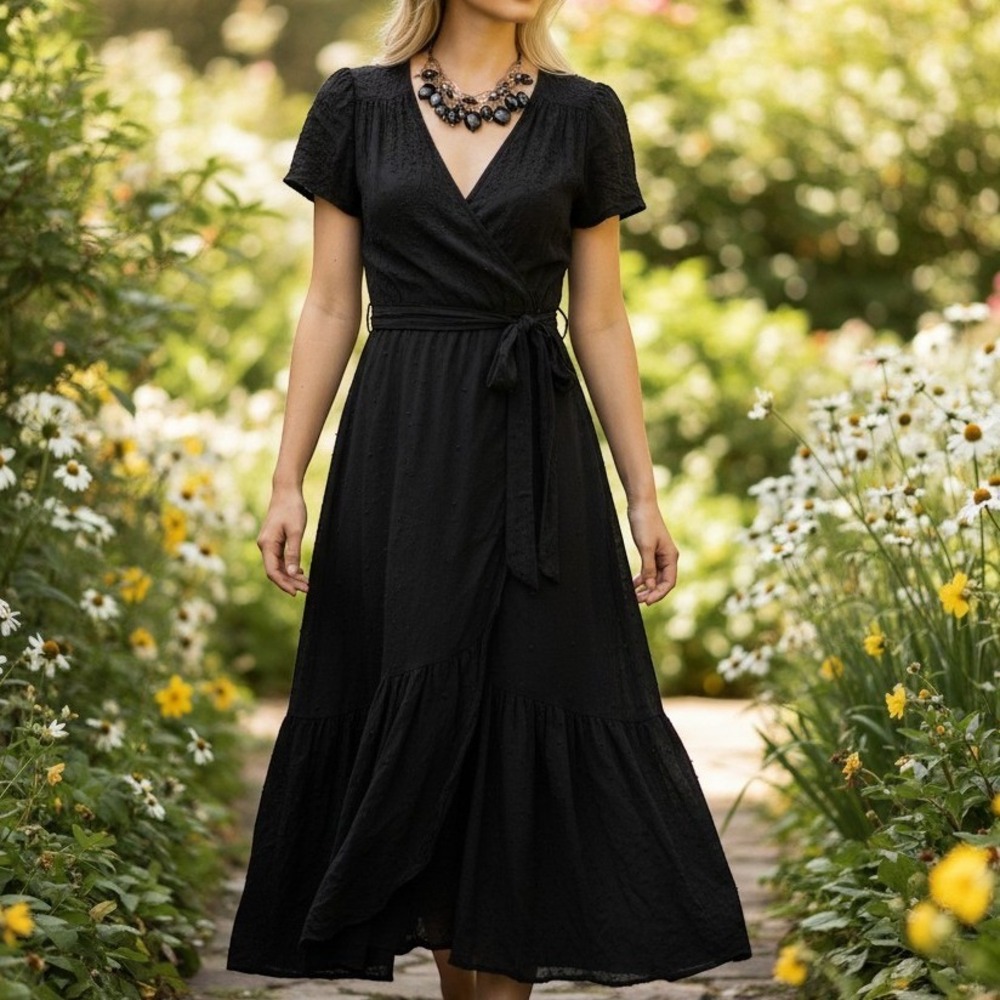 Johnny Was Love Dress XS Black Boho Swiss Dot Wrap Maxi Embroidered Eyelet 2928